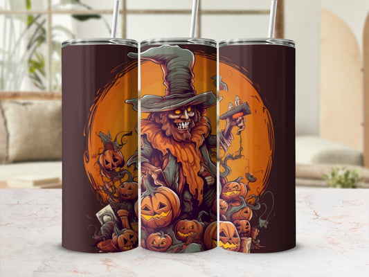 Three tumblers with a Halloween design of a witch and pumpkins.