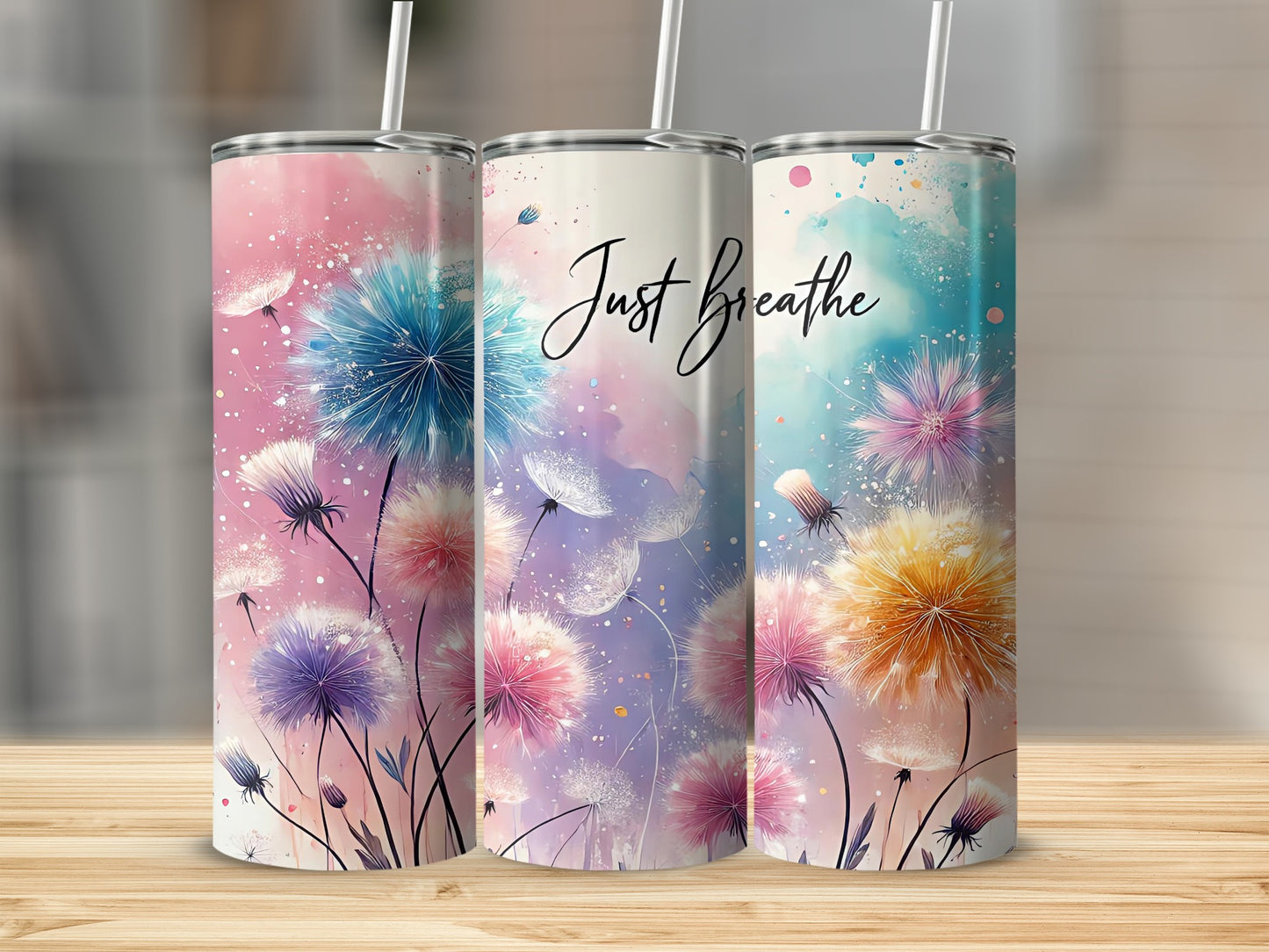 Three tumblers with dandelions and "Just Breathe" text.