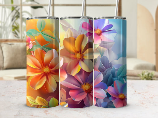 Three tumblers featuring colorful floral patterns in a gradient design.