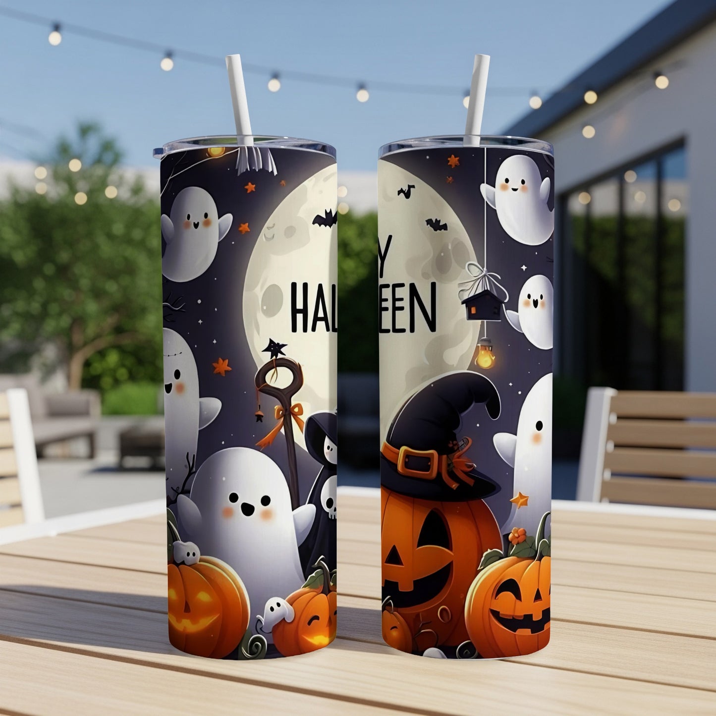 Two Halloween-themed tumblers with ghosts, pumpkins, bats, and text "Happy Halloween".