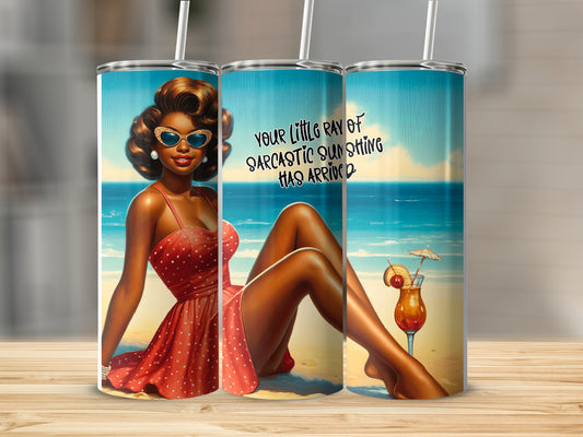 Retro woman in red polka dot dress on beach with cocktail and sarcastic text.