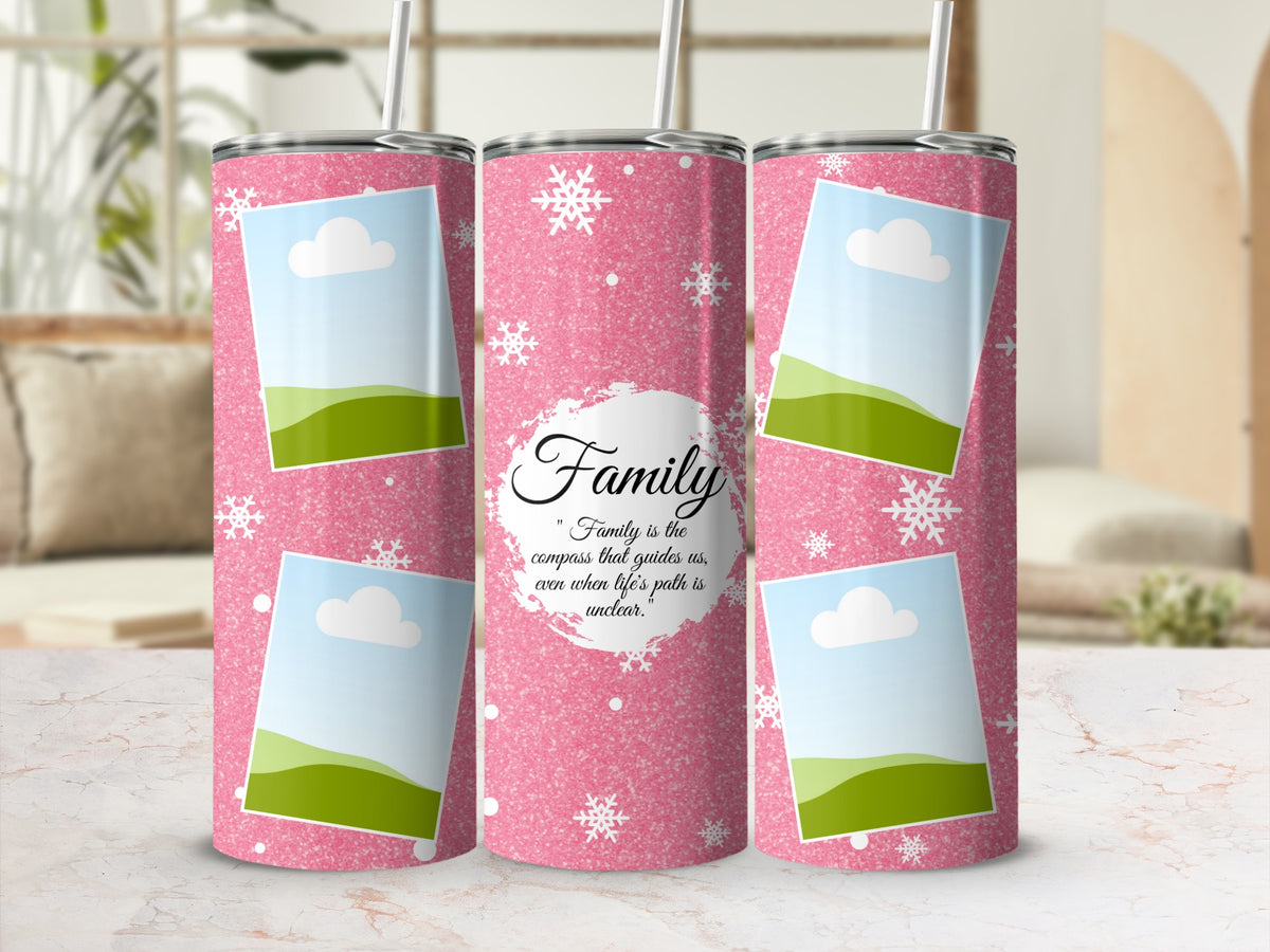 Pink glitter tumbler with snowflaked and framed landscape photos.