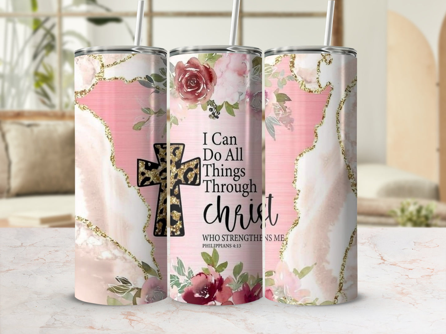 Floral Christian Tumbler With Leopard Print Cross Design