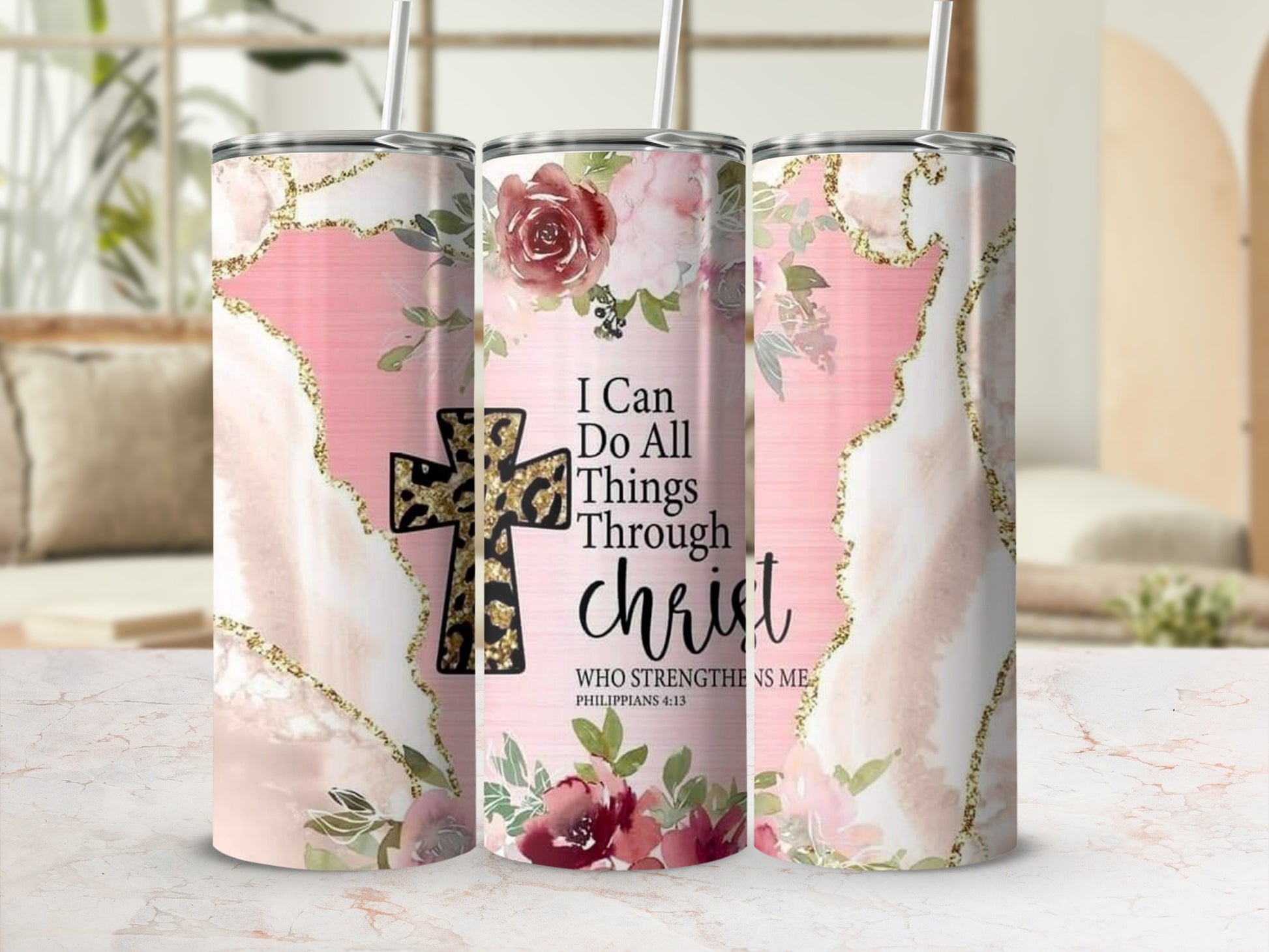 Floral Christian Tumbler With Leopard Print Cross Design