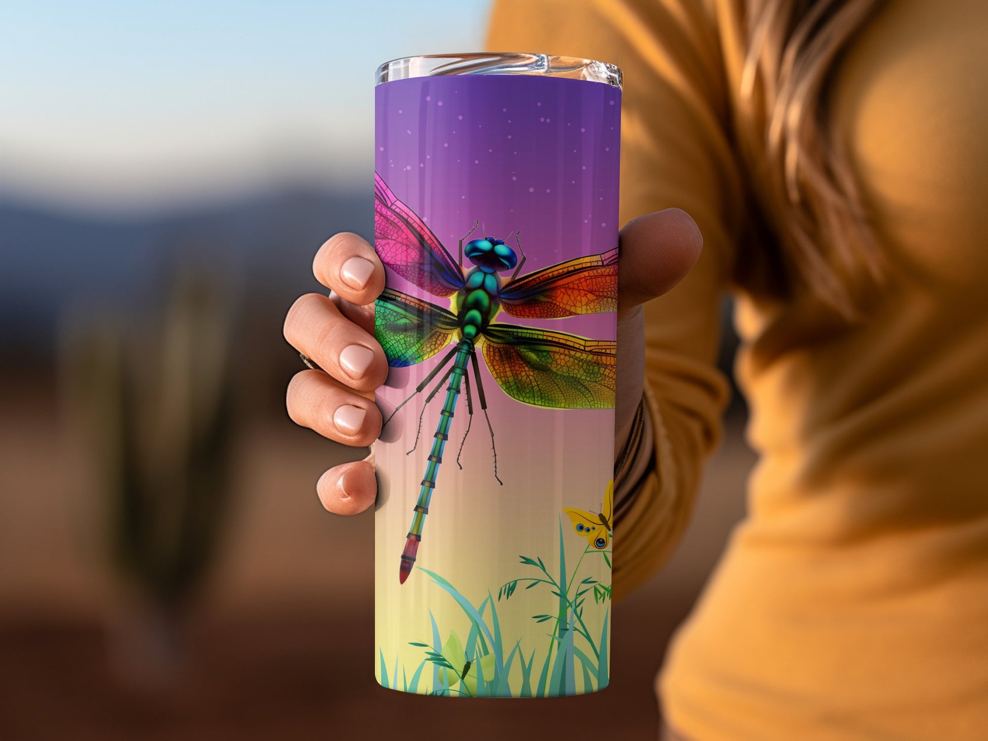 Colorful Dragonfly Design on a Gradient Tumbler
