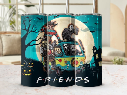 Horror movie characters in a Mystery Machine van with a full moon and "FRIENDS" text.
