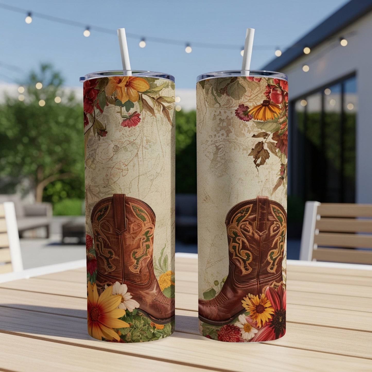 Two tumblers with a vintage floral and cowboy boot design.