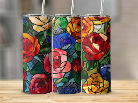 Three tumblers featuring a stained-glass rose floral design.