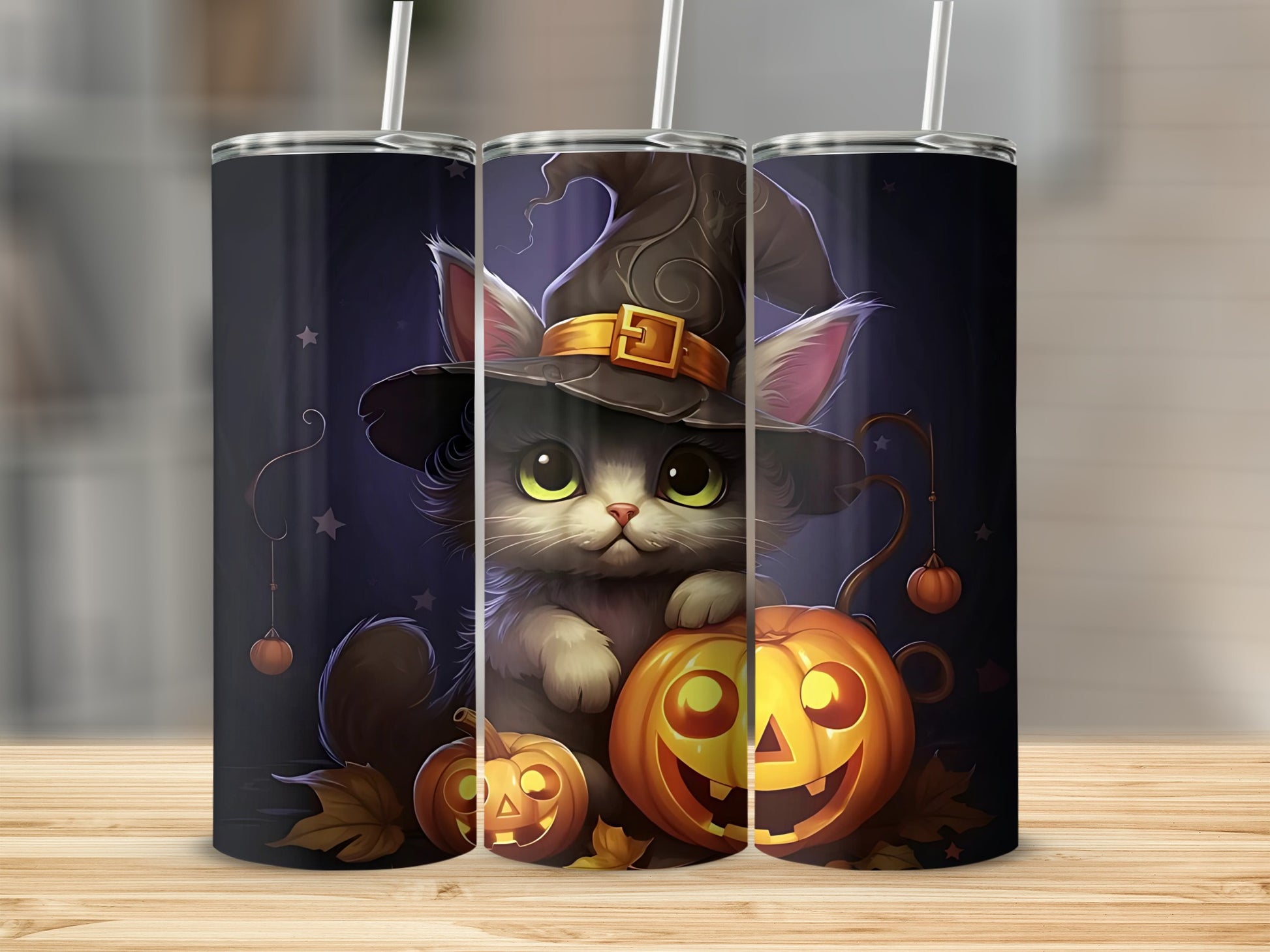 Gray cat in witch hat with pumpkins on a Halloween tumbler.