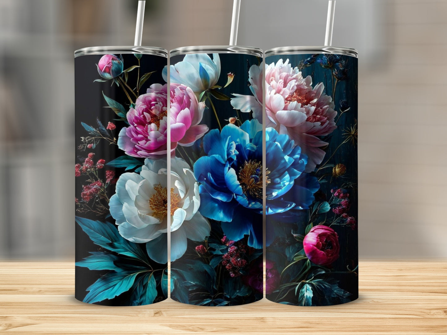 Three tumblers with a dark floral design featuring large pink and blue peonies.