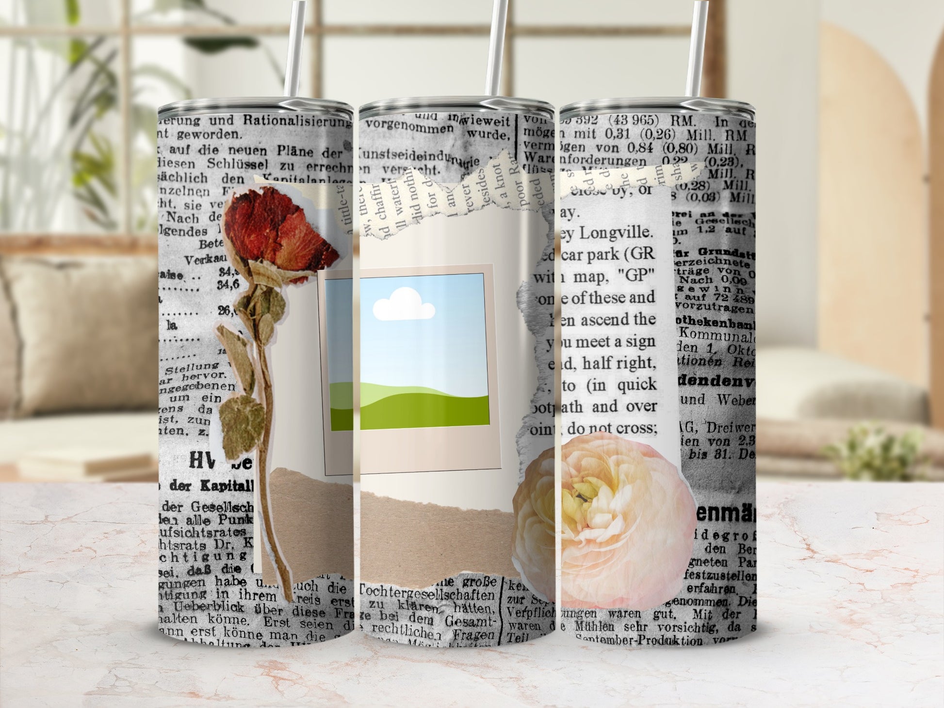 Tumbler with torn paper, dried rose, and photo collage elements.