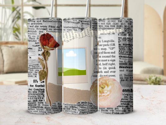 Tumbler with torn paper, dried rose, and photo collage elements.