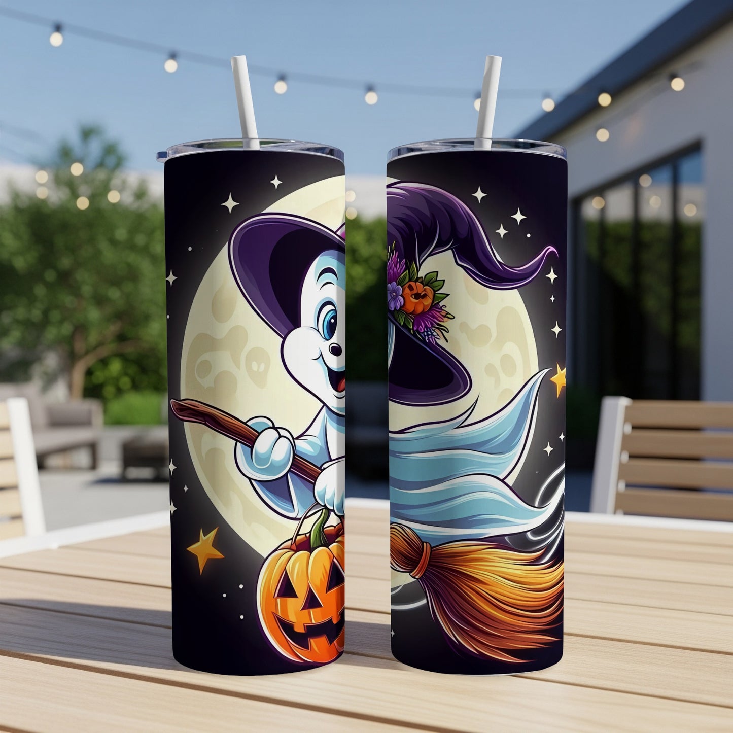 Two tumblers with a cartoon ghost witch flying on a broom with a pumpkin.