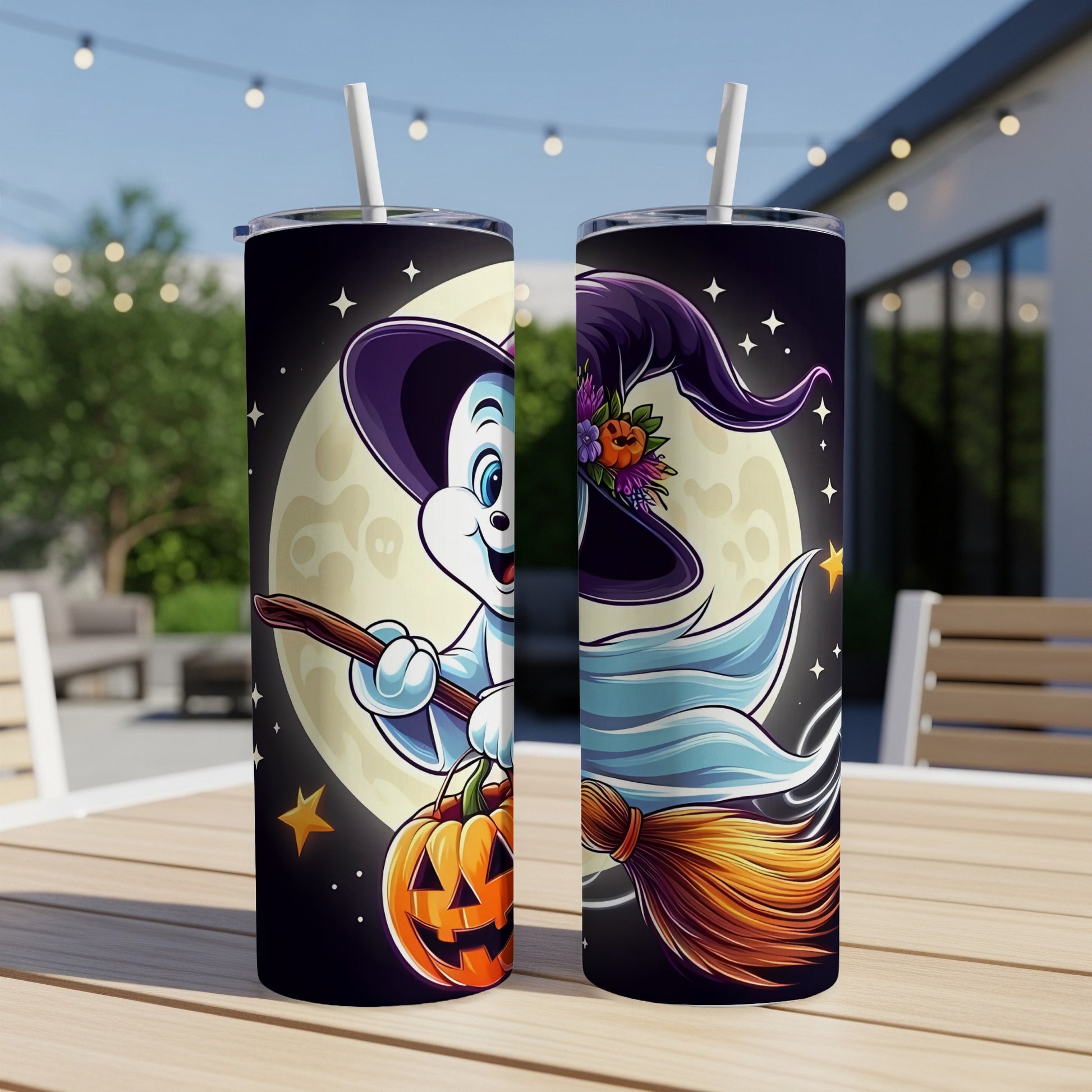 Two tumblers with a cartoon ghost witch flying on a broom with a pumpkin.