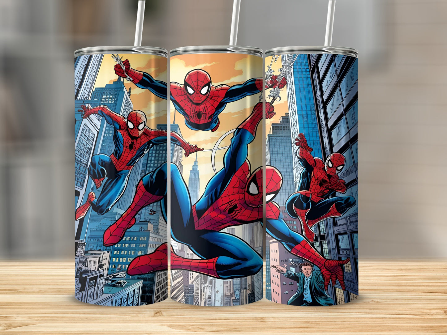 Spider-Man in comic book style swings through city buildings, silhouetted by a sunset.
