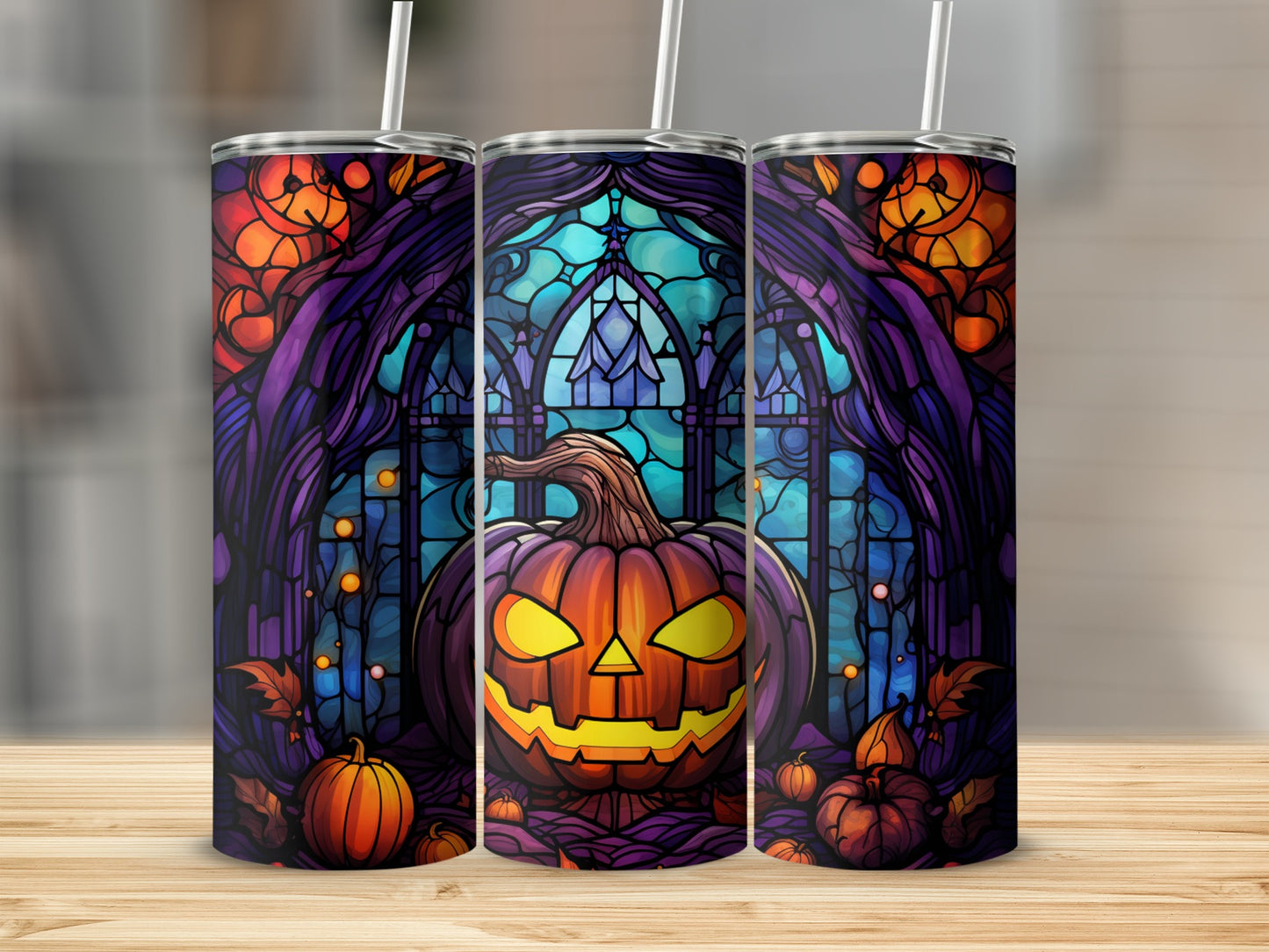 Jack-o'-lantern with stained glass window and autumn leaves.