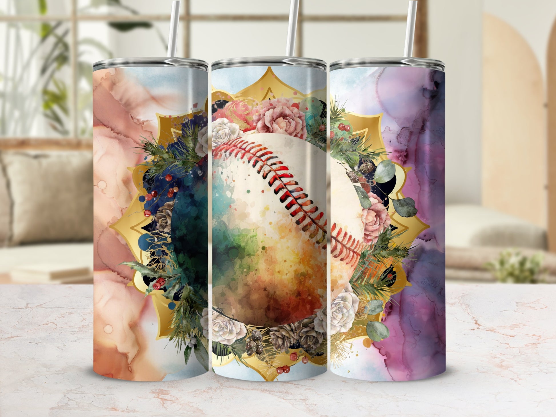 Abstract Floral Baseball Themed Tumblers
