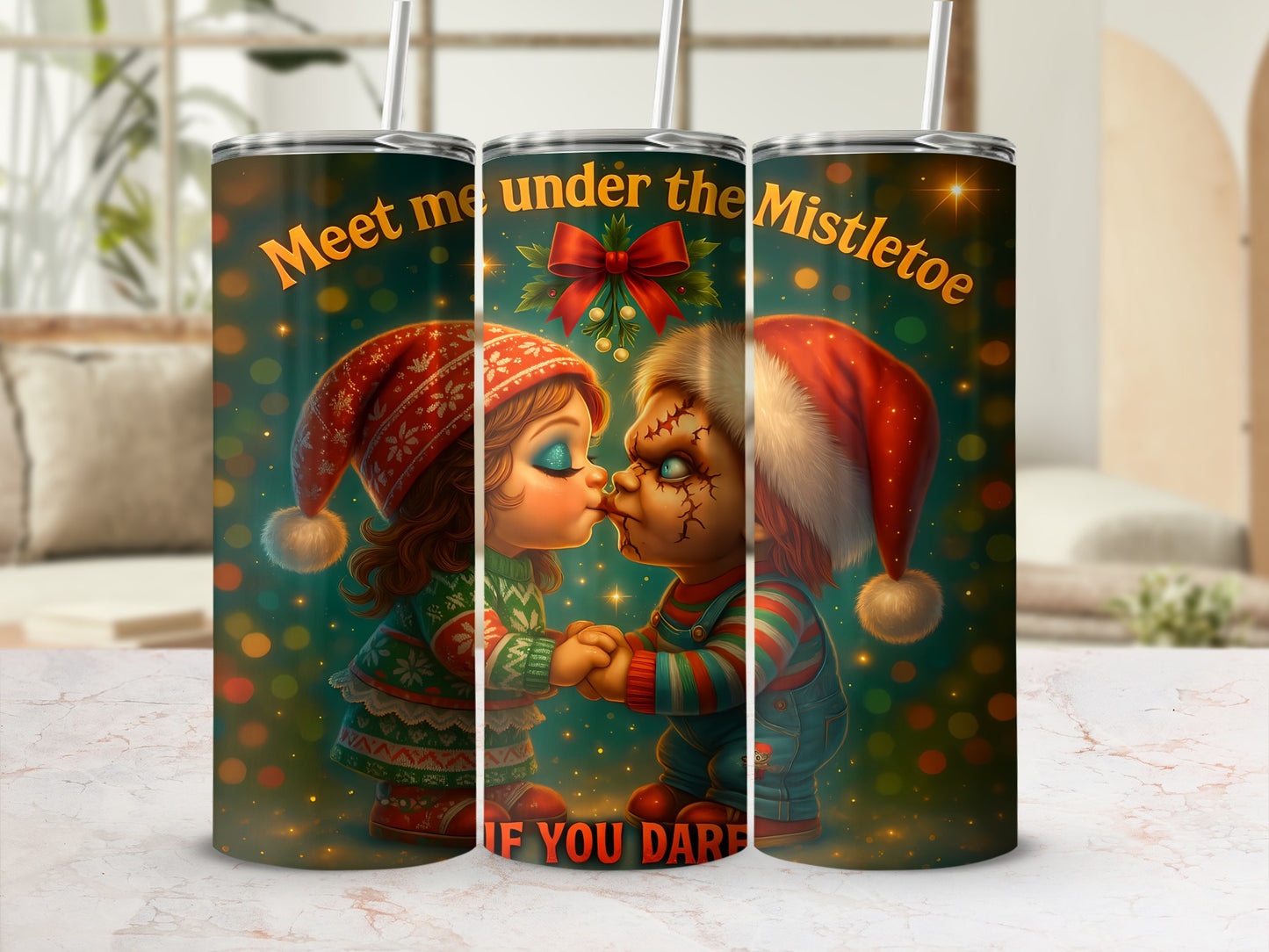 A festive tumbler design shows Chucky and a girl under mistletoe, saying "IF YOU DARE".
