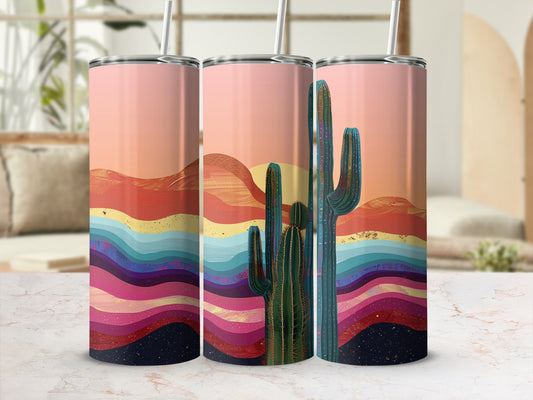 Three tumblers with a desert sunset and cactus design.