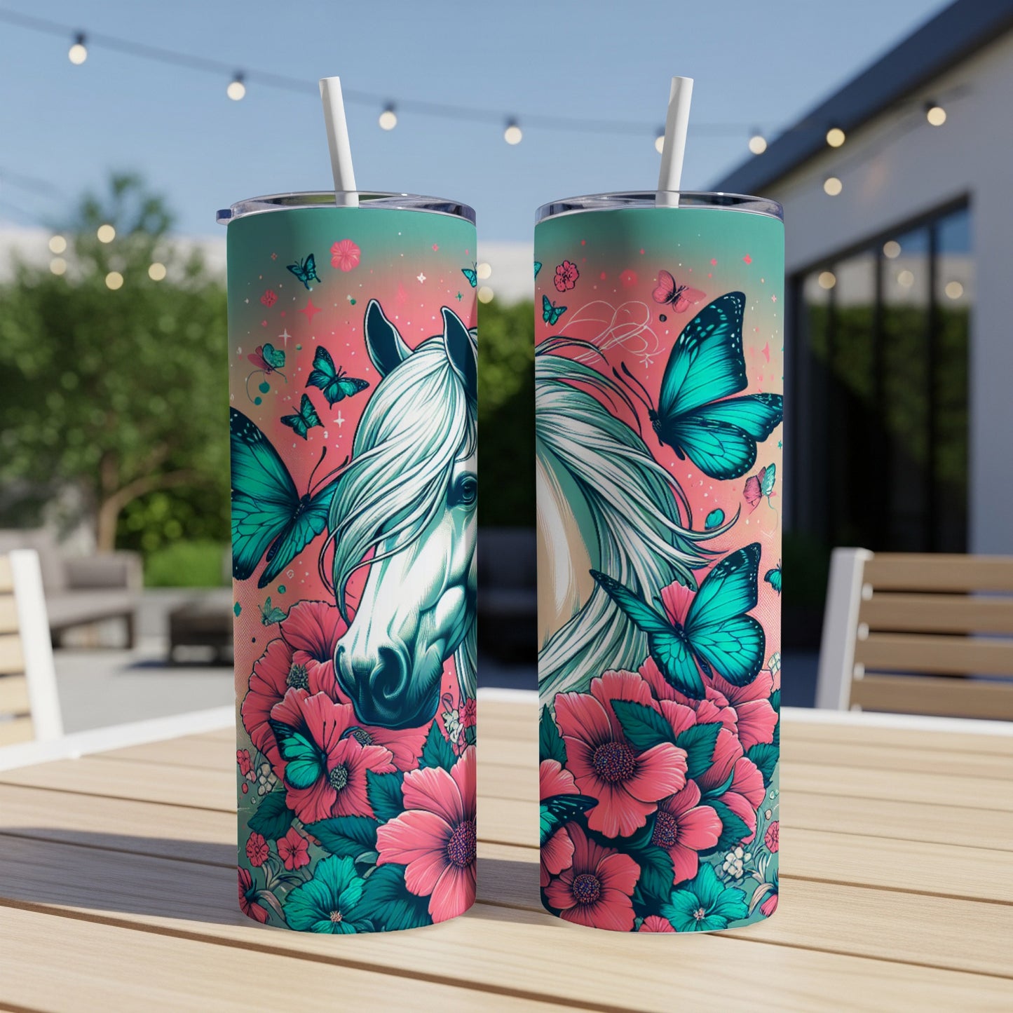 Two tumblers with horse, butterfly, and floral designs.