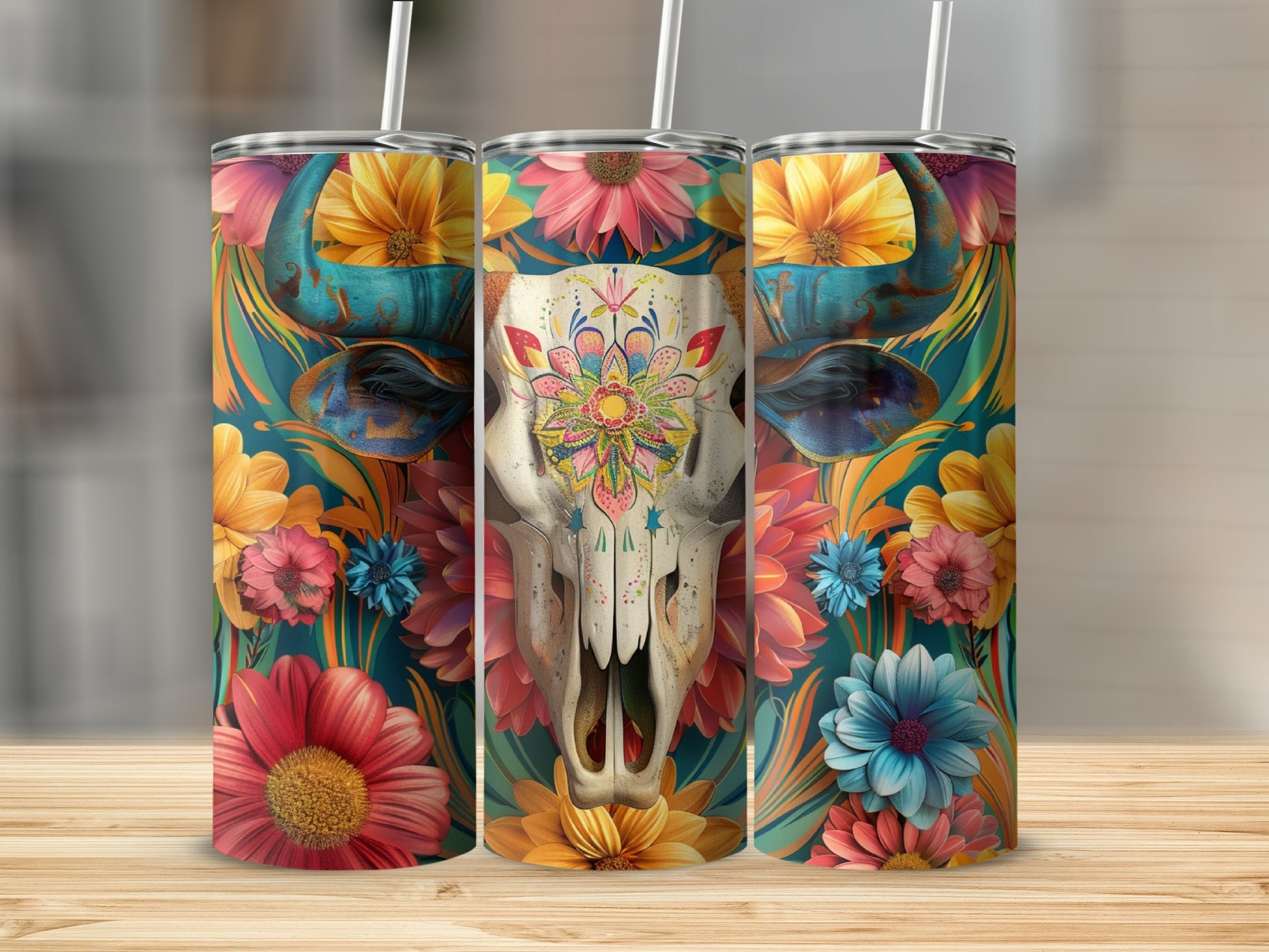 Floral skull tumbler with vibrant colors and straw.