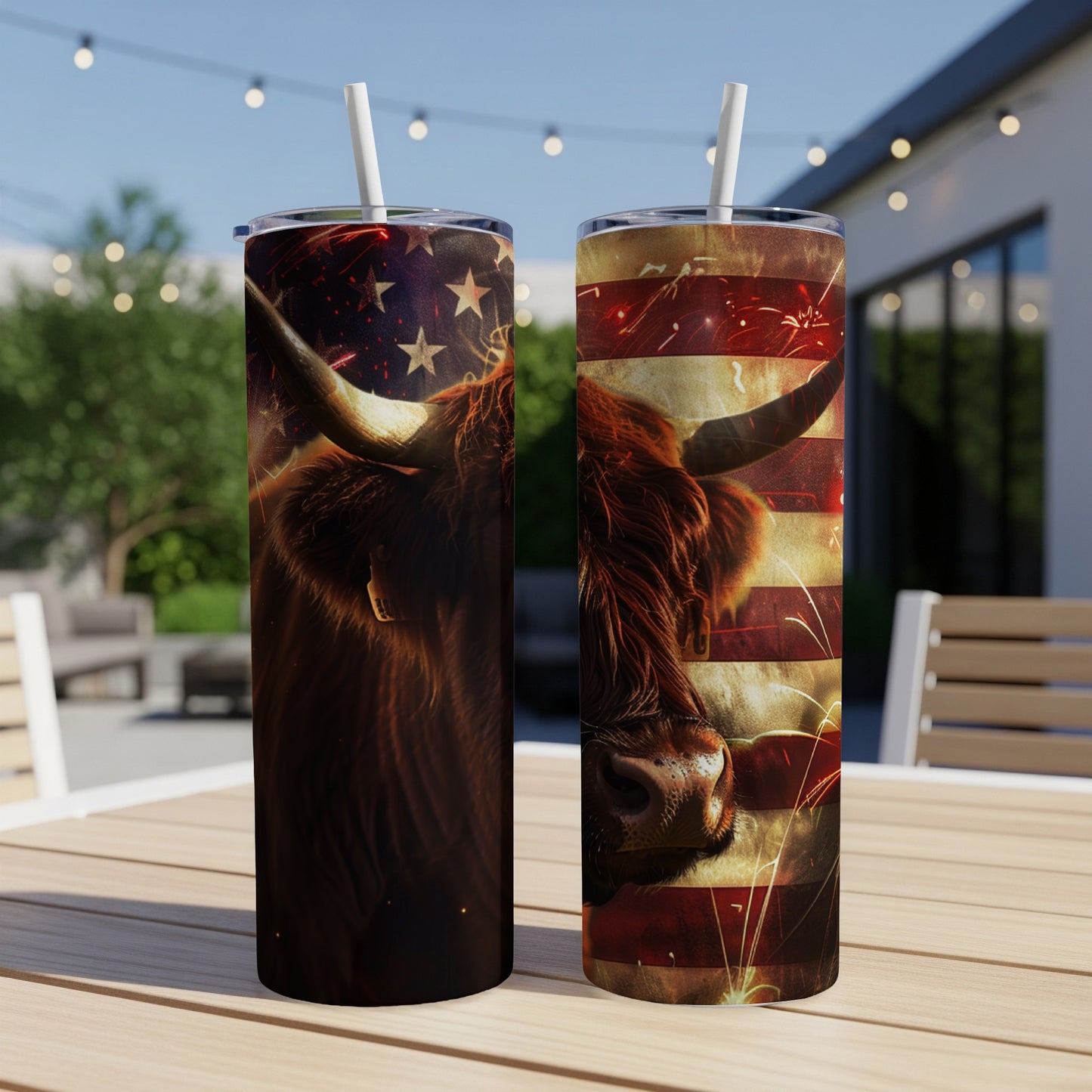 Highland cow with American flag and fireworks design on two tumblers.