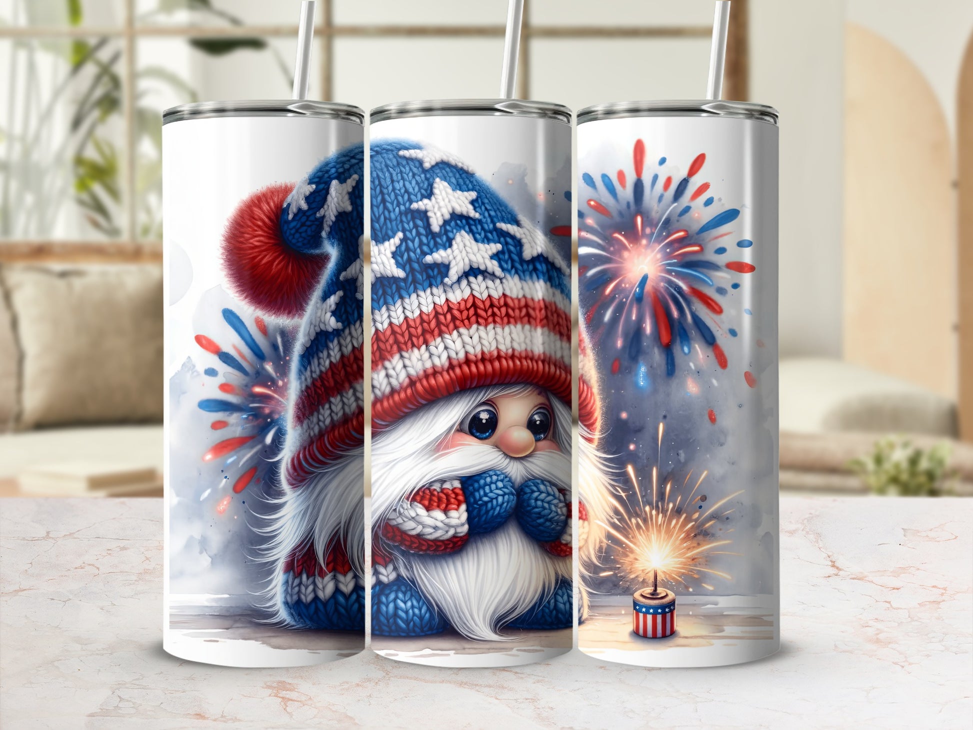 Patriotic gnome with stars and stripes hat and fireworks, on a tumbler.