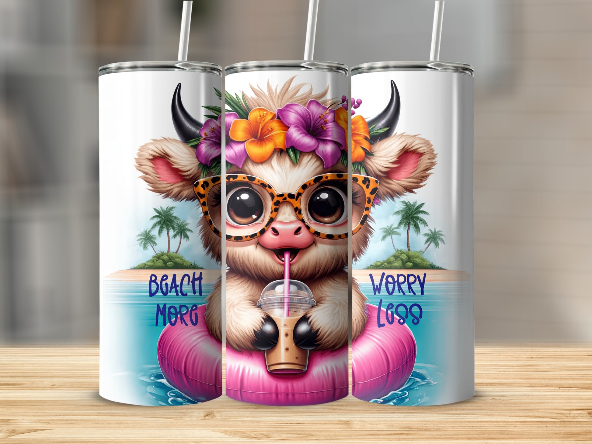 Cartoon cow with glasses and flowers on head, drinking from cup, on float.