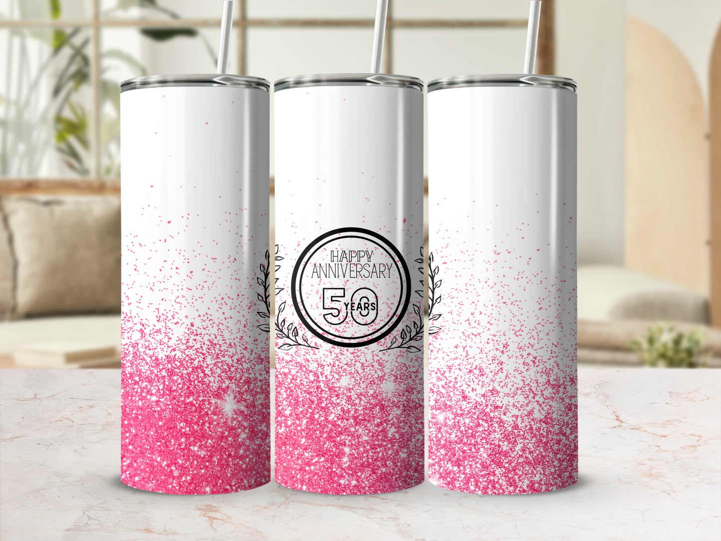 Three pink glitter tumblers with "Happy Anniversary" text and a wreath design.
