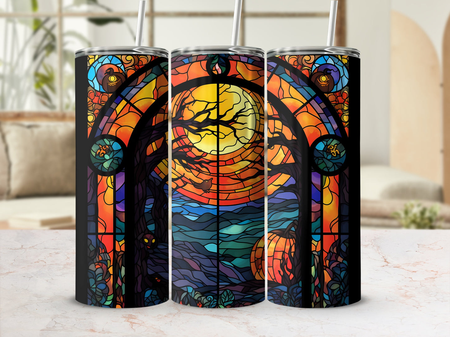Stained glass tumbler with Halloween moon, trees, and pumpkin design.