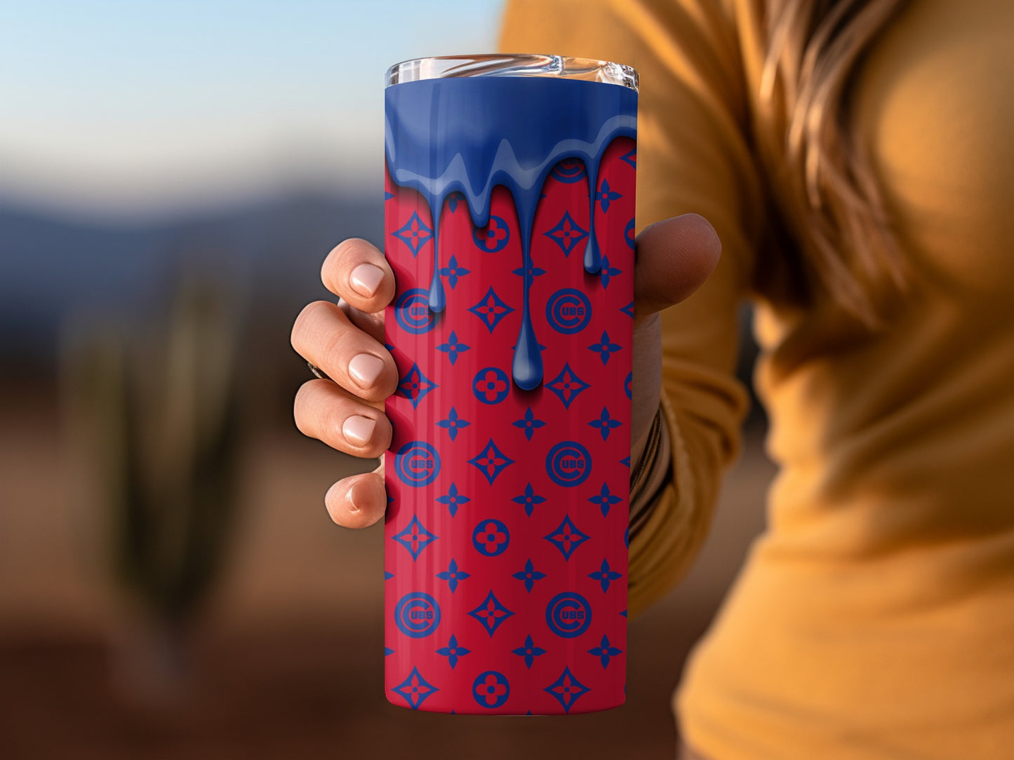 Blue Drip UBS Logo Pattern against Red Color Tumblers