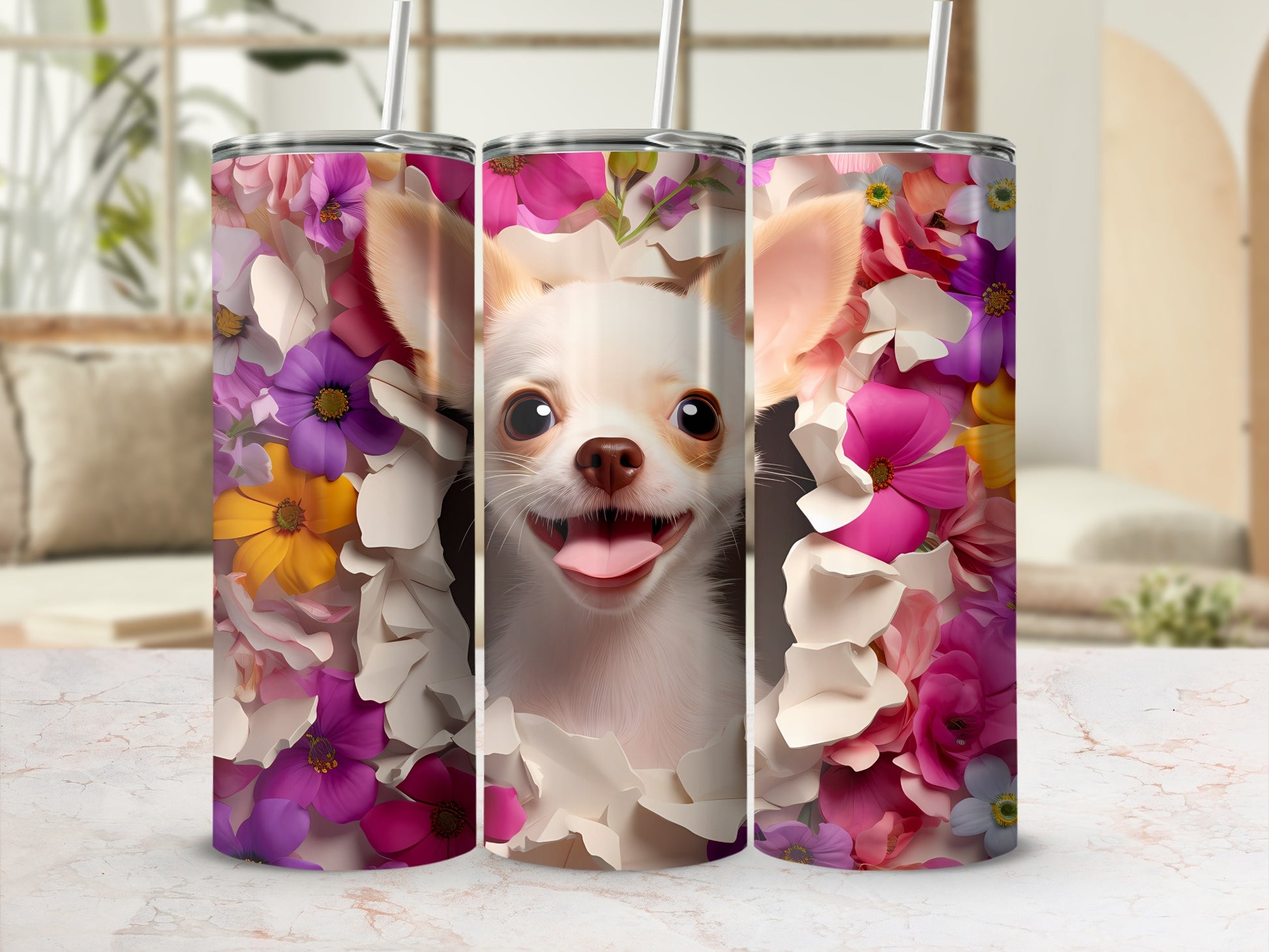 Smiling Chihuahua Surrounded Vibrant Flowers Petals product type
Chihuahua
Dog
Puppy
Happy Dog
Smiling Dog
Cute Dog
Floral Design
Flower Print
Vibrant Flowers
Colorful Petals
Pink Flowers
Purple Flowers
Yellow Flowers
Tumbler
Drinkware
Pet Lover
Animal Design
Gift Idea
Aesthetic Tumbler
Unique Design