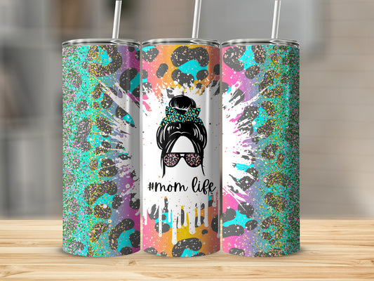 Colorful Splatter Mom Life Leopard Print Tumbler