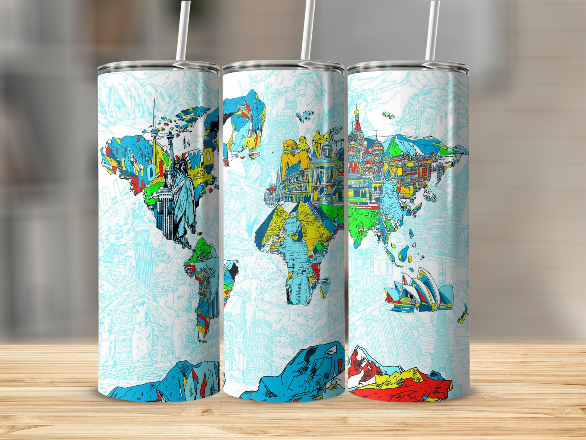 Three travel tumblers with a colorful world map and iconic landmarks design.
