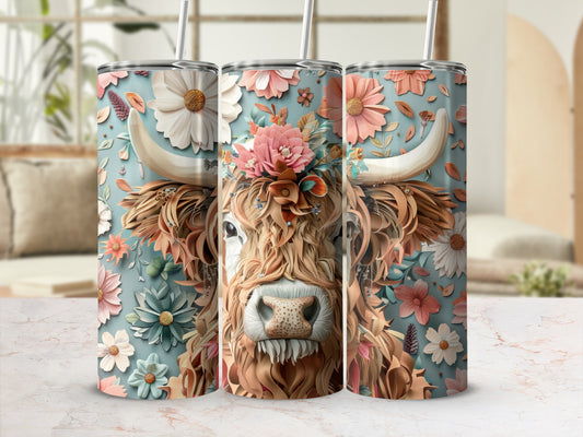 Highland cow with floral crown on muted blue background.