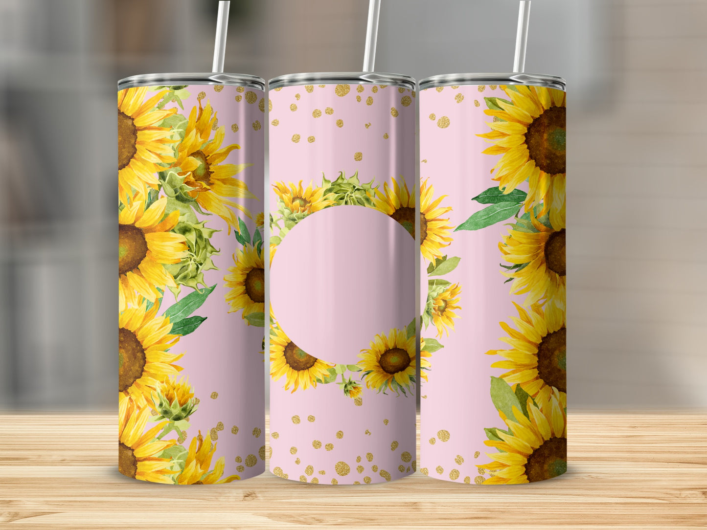 Three tumblers with sunflowers and gold polka dots on pink background.