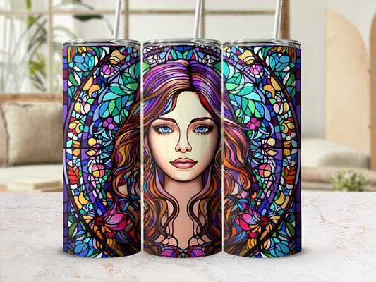 Three tumblers featuring a colorful stained glass portrait of a woman.