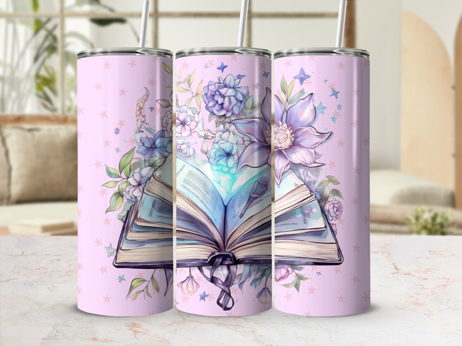 Floral and Book Design Tumbler with Straw 30oz Tumbler