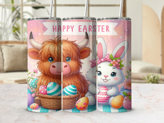 Highland cow and bunny with Easter eggs and "Happy Earster" text.