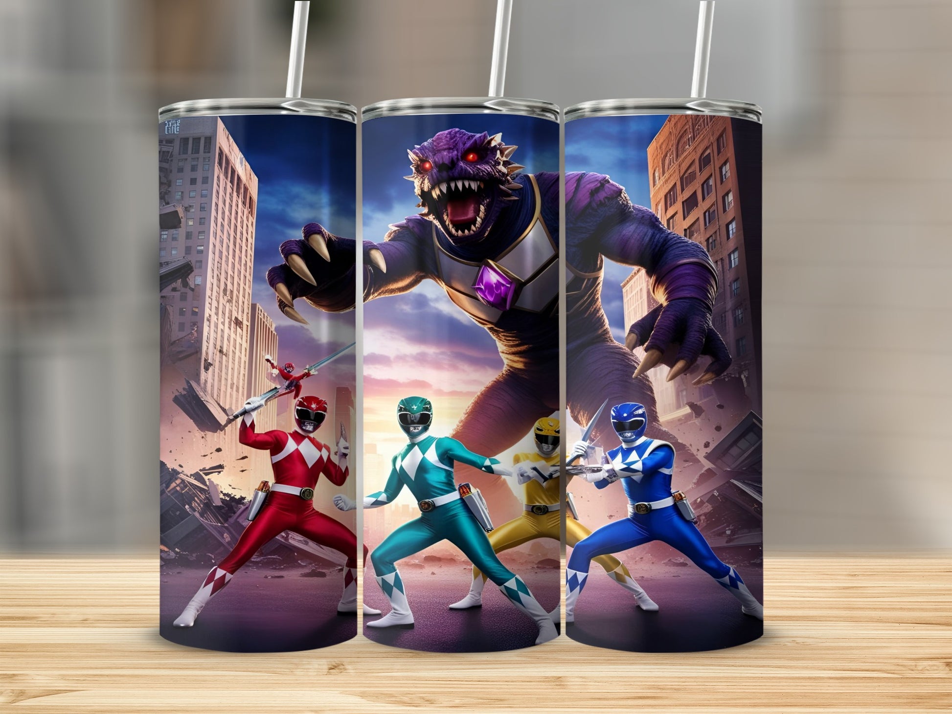 Five Power Rangers battle a large purple monster in a city setting.