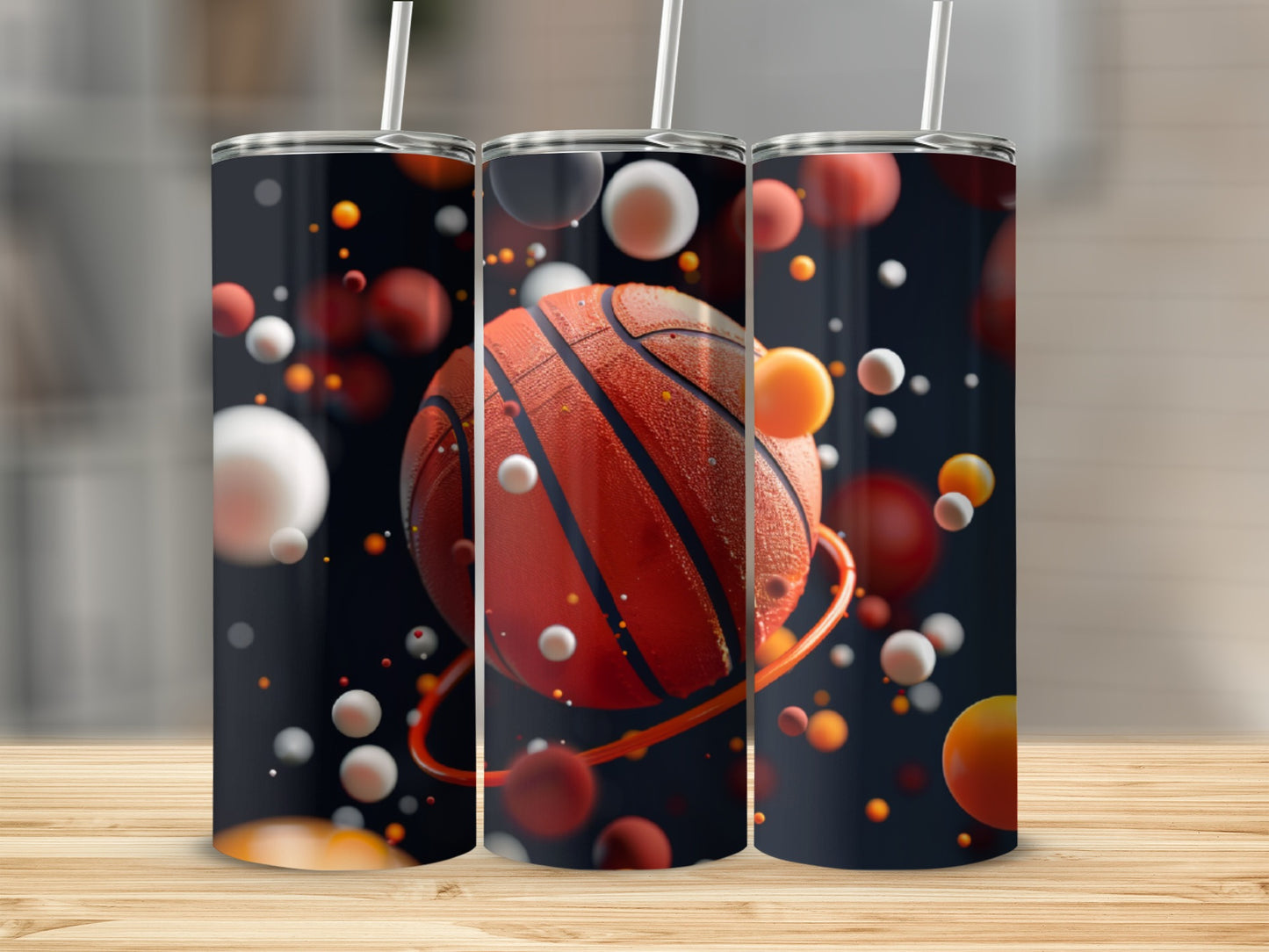 Basketball tumbler with floating spheres and straws against a dark background.
