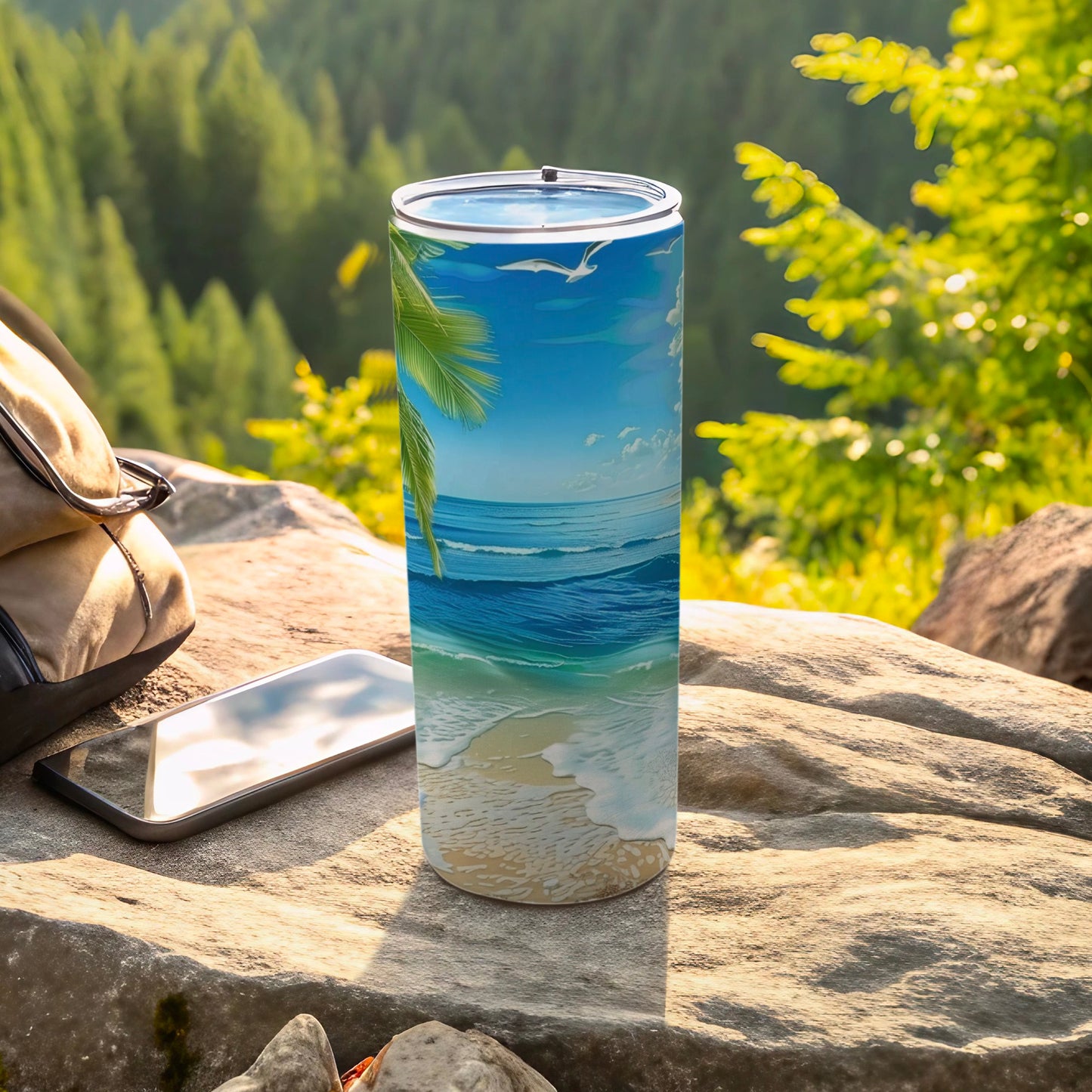 Beach scene tumbler with palm trees, ocean waves, and a sandy shore.