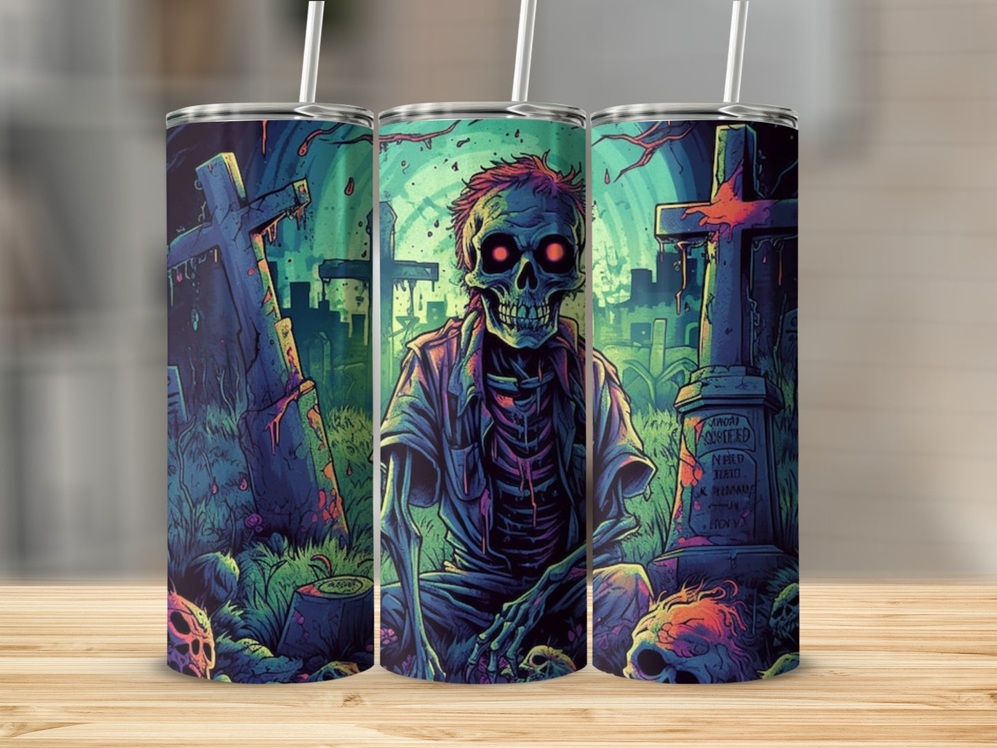 Zombie in graveyard art on tumblers with crosses and skulls.