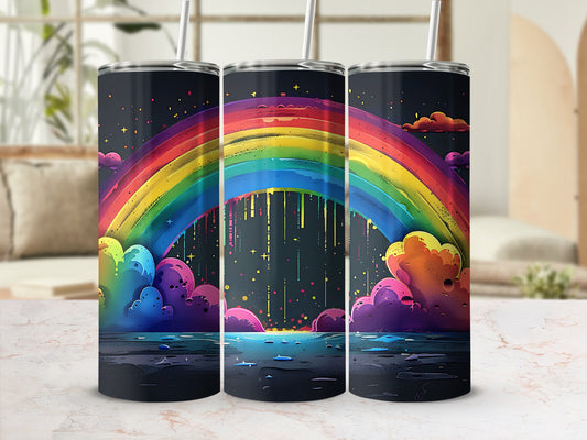 Vibrant Rainbow and Clouds Tumbler Cup for a Colorful Day