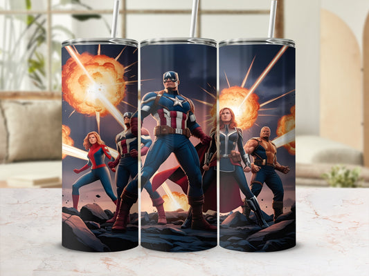 Avengers standing in front of explosions on rocky terrain.