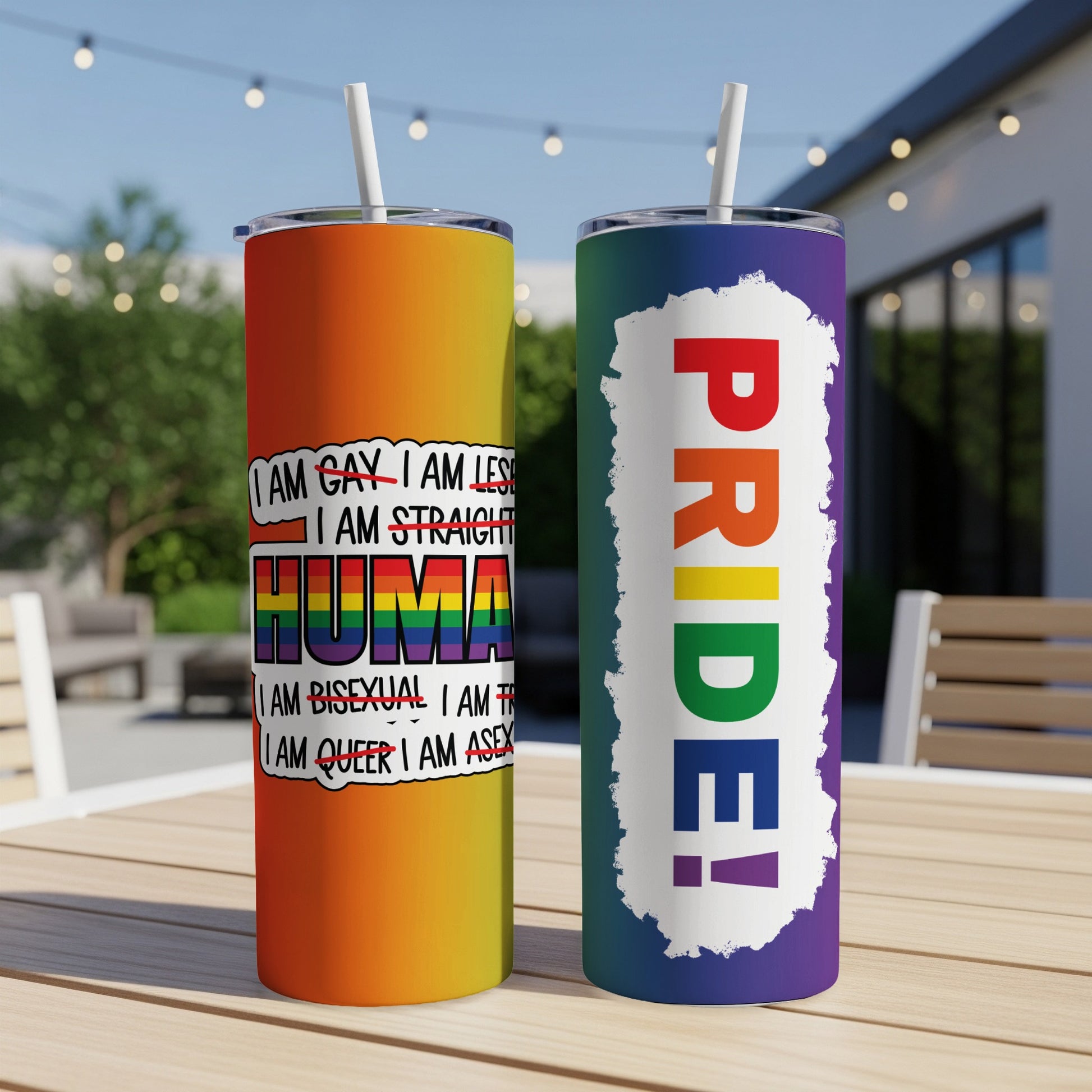 Two tumblers, one with rainbow stripes and "PRIDE!", the other with pride flag colors and text.