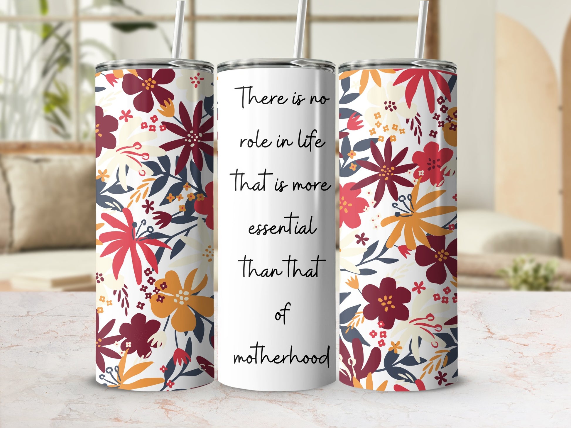 Floral Insulated Tumbler with Motherhood Quote Design