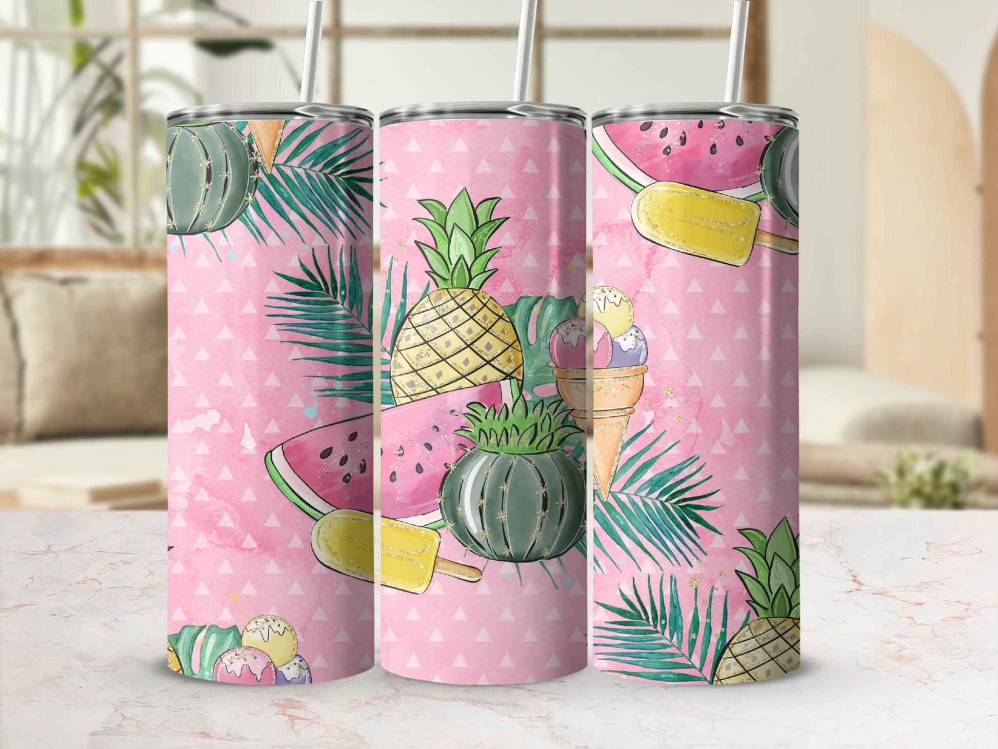 Pink watercolor tumbler with cacti, pineapple, watermelon, and popsicles.