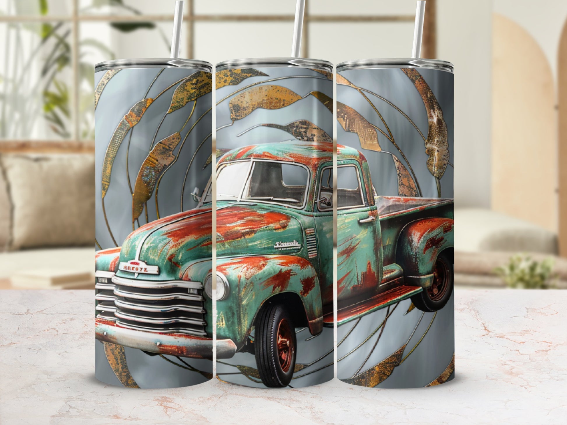 Distressed teal and orange vintage truck on a speckled metal background.