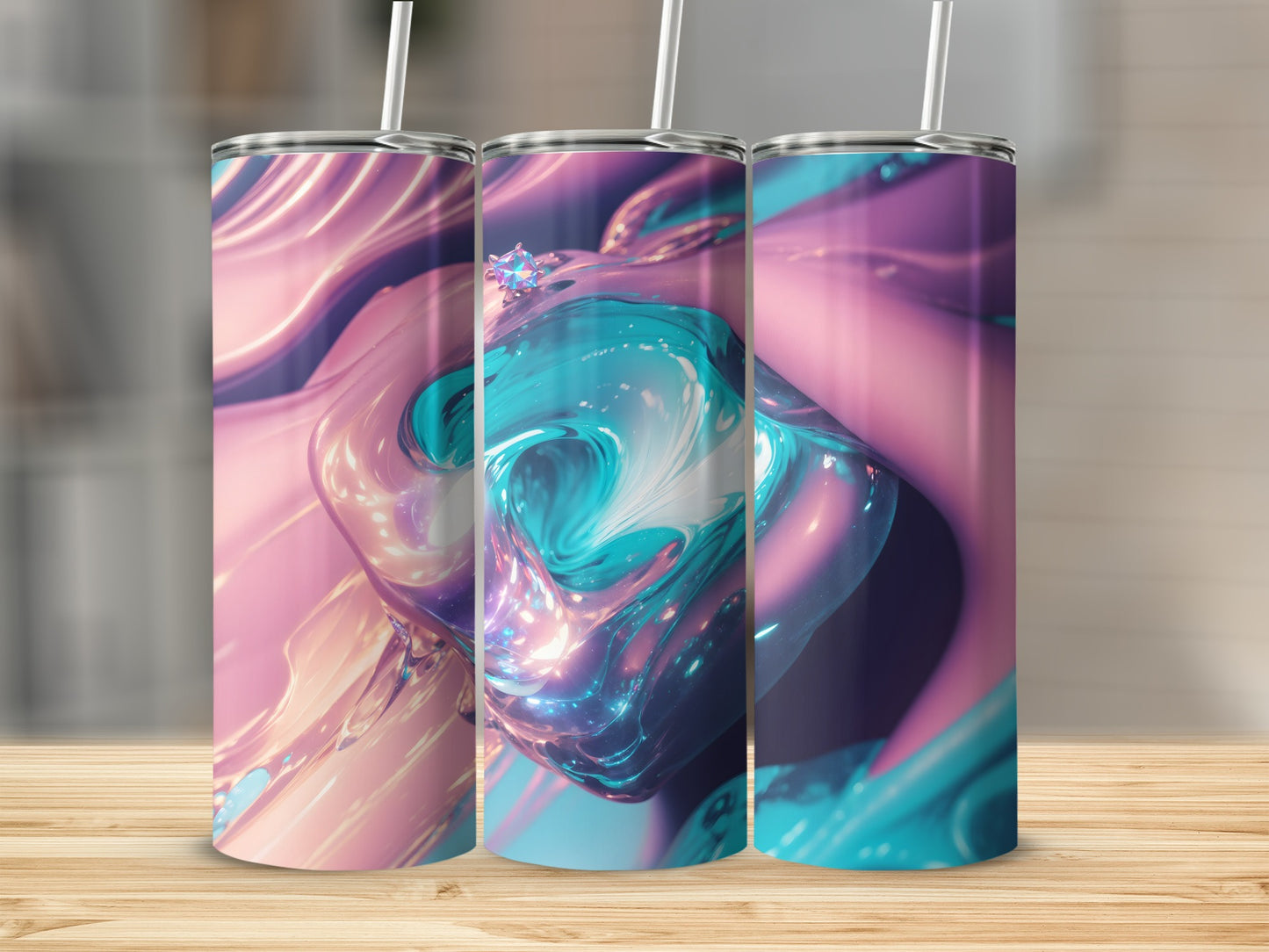 Three tumblers with abstract, swirling pink and teal iridescent designs.